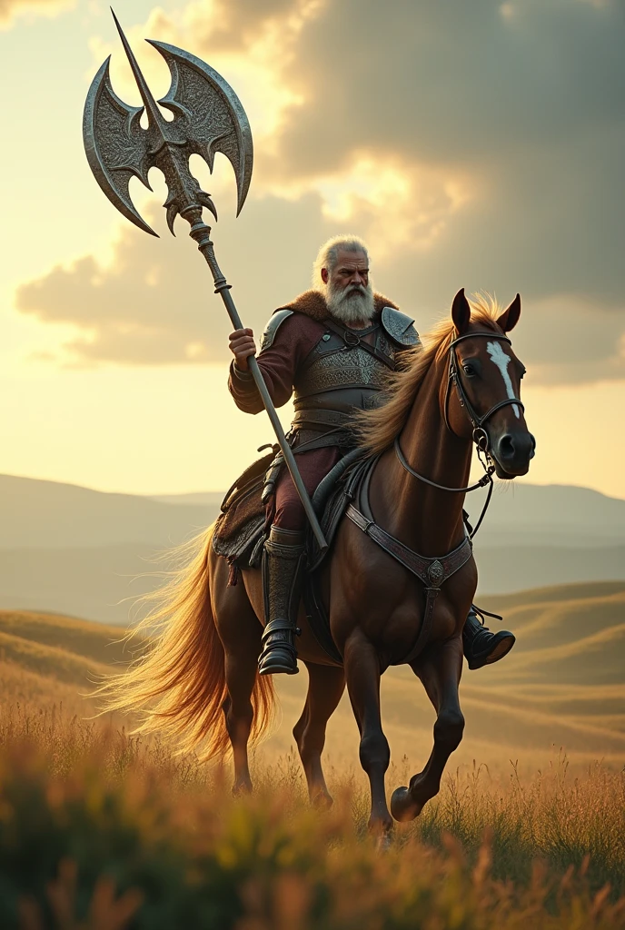 A man holding a phoenix halberd in his hand, riding on a horse in the middle of a vast field
