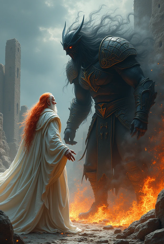 Make an old man with red and white hair,In white medieval clothing, Fighting against a man who has half his body dark with black flames, He will wear black armor, he has dark powers