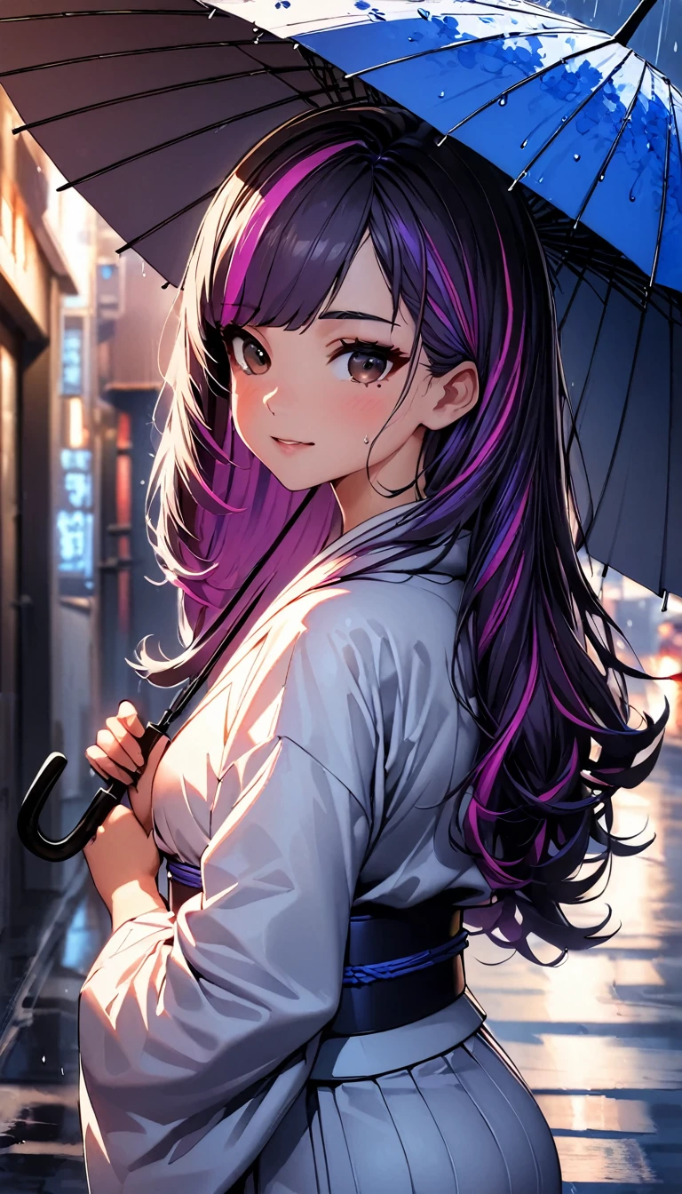 (highest quality:1.2, Very detailed, up to date, Vibrant, Ultra-high resolution, High Contrast, masterpiece:1.2, highest quality, Best aesthetics), Portraiture、girl、((25-years-old:1.5)), (holding up umbrella:1.6), traditional Japanese kimono, long sleeve, light blue kimono, loose fit, Bright colors、Beautiful fine details、Beautiful lip detail, long hair、black and purple ((streaked hair:1.6)), highlights hair: 1.5, brown eyes, ((slim body:1.4)), (small breast:0.7), (dark skin:0.5), rainy day, rain night, street in Kyoto, wet street, looking back, (cowboy shot),