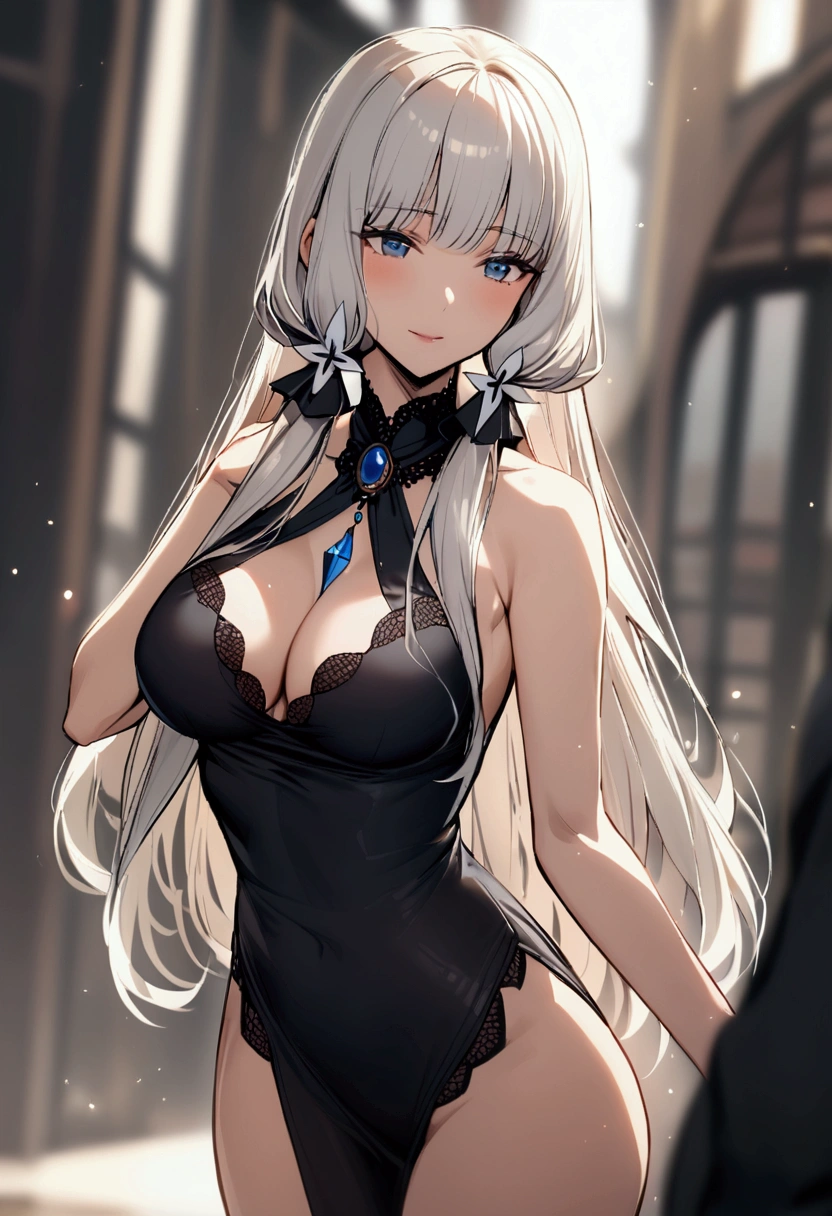 slender, mature female,1girl, long_hair, white_hair, blurry, bare_shoulders, blonde_hair, standing,  breasts, depth_of_field, grey_hair, 