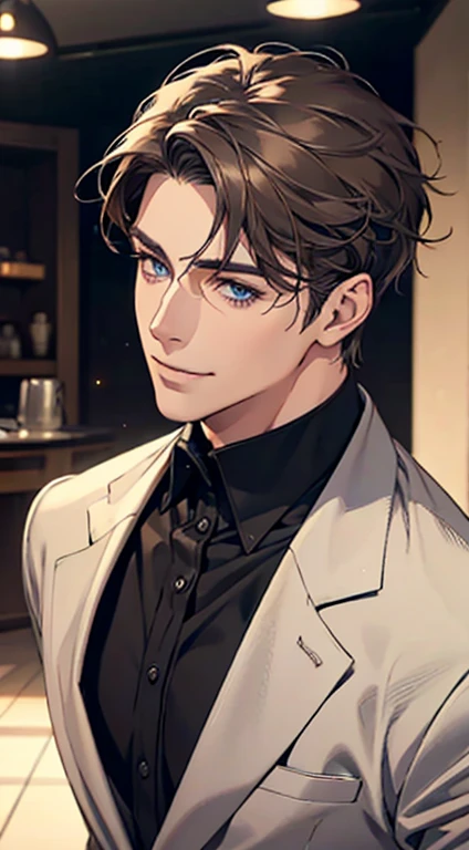 a mature man with short grey Brown hair, blue eyes, 31 years, and a perfect face, smiling in love, CEO, cinematic lighting, 1:4 HDR image, top view, ultra detailed, best quality, masterpiece, 8K, photorealistic, beautiful image