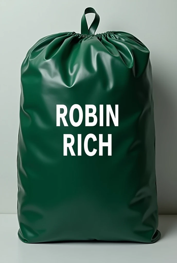 Dark green plastic shoe bag with ROBIN RICH written in white color in Times new Roman font