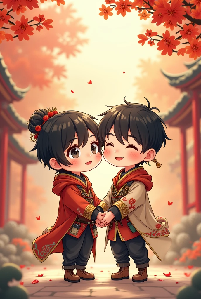 Create a drawing of two male characters in a chibi style, depicting them as a couple. The coloring should resemble the style of Japanese anime artists commonly found on social media. The background must be detailed and harmonious with the characters, while the chibi characters' outfits should be carefully designed with attention to detail. The art style should lean towards the techniques and aesthetics of Chinese artists.