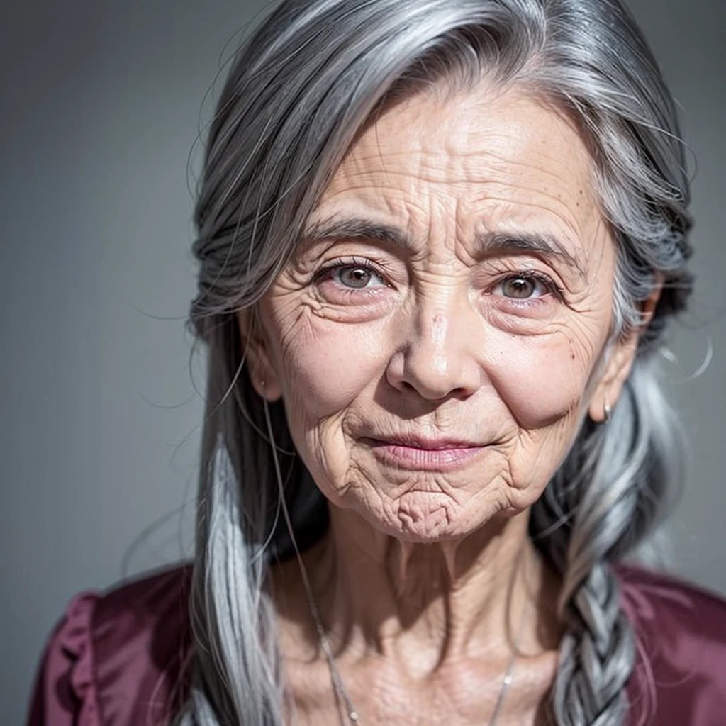 100-year-old grandmother、Very old、Very tired look、Very old、Gray Hair、Long Hair、Deep facial wrinkles、Very deep wrinkles around the mouth、Deep wrinkles at the corners of the eyes、The makeup is very dark, Dark lipstick、眉毛がGray Hair、Very bright pink clothes、Hollow Eyes、Open your mouth, There is nothing in my mouth.、