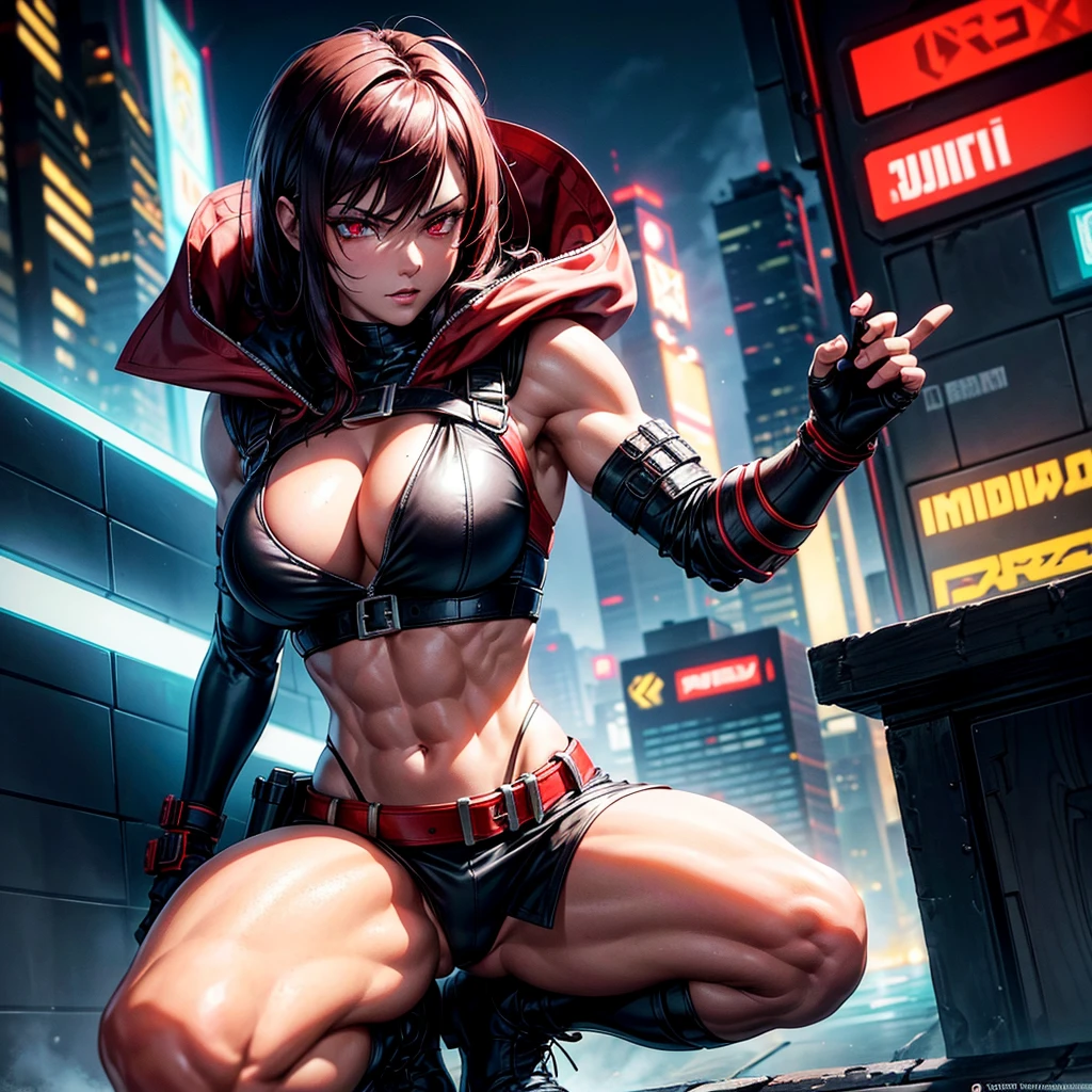 Highly detailed, stylized digital artwork featuring characters from a cyberpunk setting. The subject is a muscular, sexy woman with oily skin, cleavage, navel, thighs and buttocks. Squatting on a rooftop with a cityscape of neon lights and skyscrapers in the background. The character has crimson eyes and wears a hooded cape and miniskirt. It also comes with red and black tactical gear, including fingerless gloves, arm guards, and various straps and buckles. His face and body were covered in a white, sticky liquid. The overall color tone is mainly dark, combined with eye-catching red, creating a dramatic and strong atmosphere.