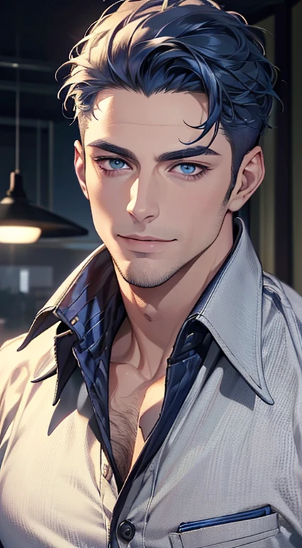 (best quality,4k,8k,highres,masterpiece:1.2),ultra-detailed,(realistic,photorealistic,photo-realistic:1.37),1 man,31 years old,mature man,very handsome,without expression,smile,short blue hair,blue eyes,penetrating gaze,perfect face without errors,imposing posture,businessman,office background,cinematic lighting,hdr image