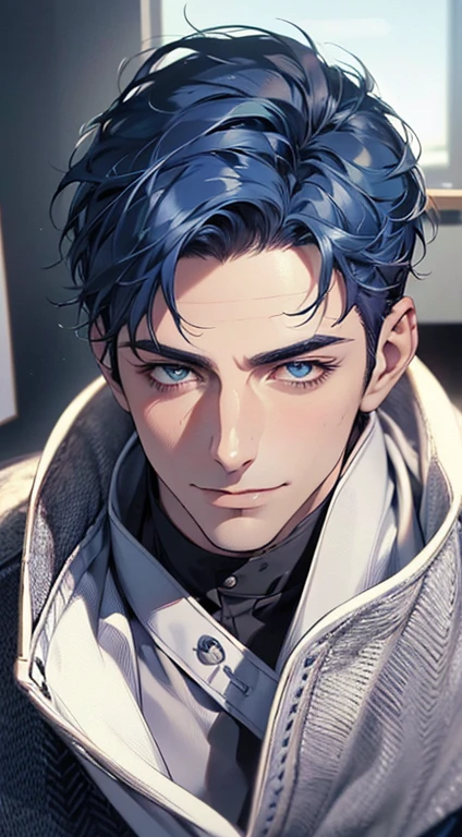 (best quality,4k,8k,highres,masterpiece:1.2),ultra-detailed,(realistic,photorealistic,photo-realistic:1.37),1 man,31 years old,mature man,very handsome,without expression,smile,short blue hair,blue eyes,penetrating gaze,perfect face without errors,imposing posture,businessman,office background,cinematic lighting,hdr image