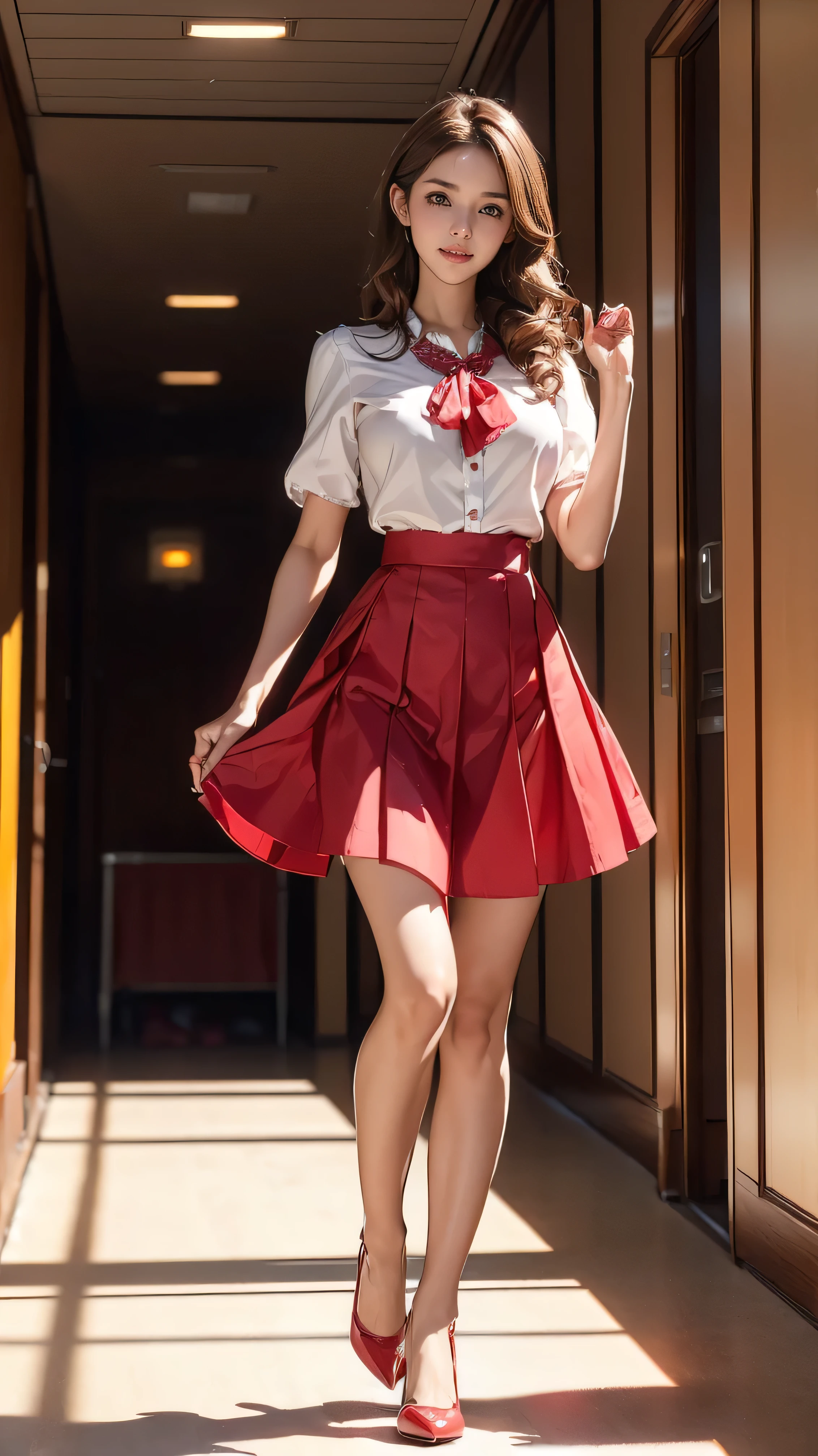 ((Highest quality,4K,High resolution,masterpiece:1.2)),((Character Concept Art)), 1 female, 20-year-old women, ((Shoulder-length brown hair、Hair curled loosely inwards)), (Skin as white as snow), Very detailed eyes (Brown Eye Color), have confidence, beautiful, slim body build, Big Breasts、((Intricate details)), Very finely crafted needles, Very finely crafted fingers(((10 fingers))), Red button up blouse,Short sleeve、Ribbon blouse、a red mini school skirt, Wearing red 12cm heels, (Full-body showcase), (Show whole body),A shy smile、In the school hallway、They are running towards us at full speed.:1.4