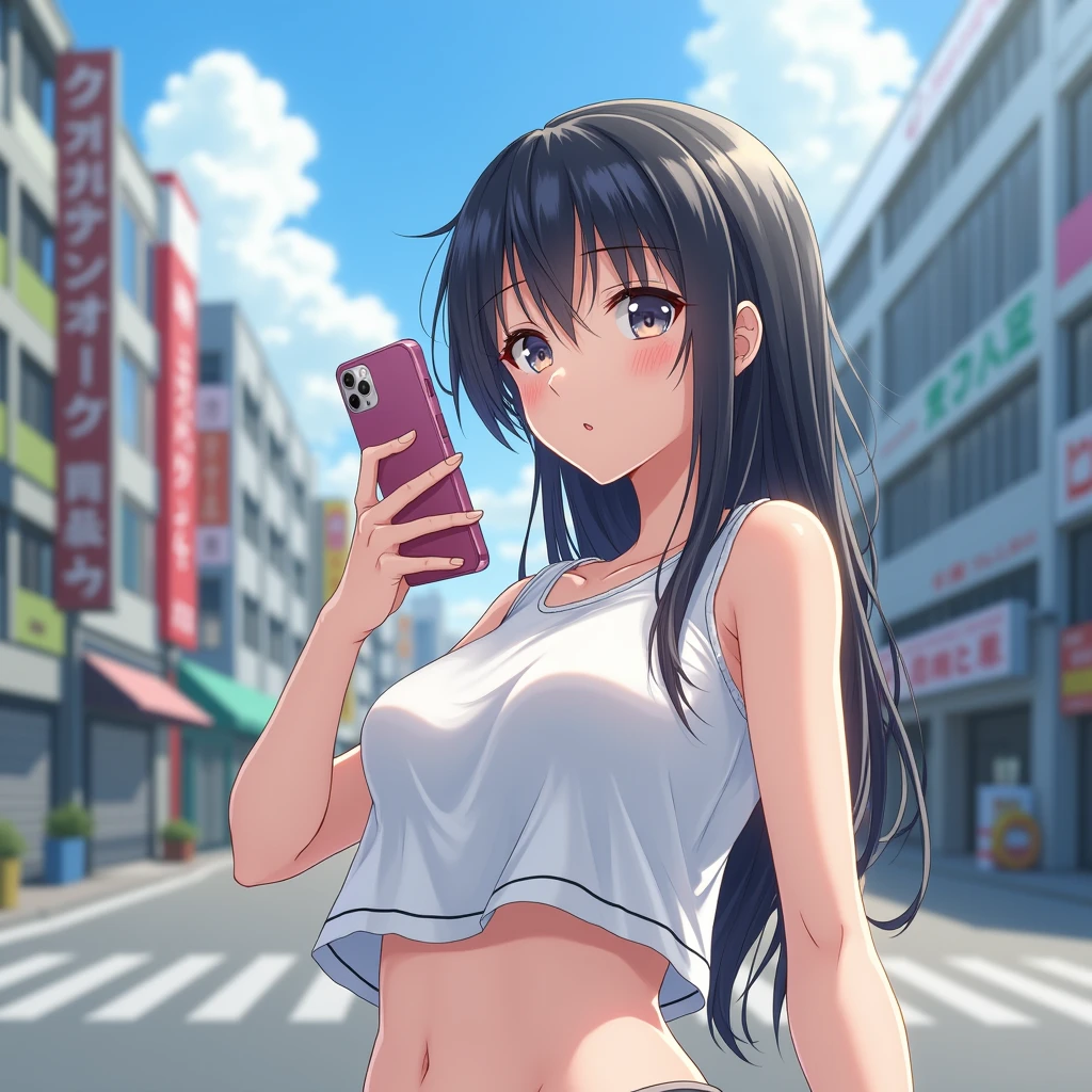 Highest quality, masterpiece, Ultra-high resolution, Very detailed, 1 person, Japanese schoolgirl, Beauty,A face as well-proportioned as a Japanese idol's, Black Hair, Long Hair, White tank top, mini skirt, Slender body, Large Breasts, A town like Shibuya in Japan, summer, sunny, Look at the iPhone in your hand, Upper Body, Correct Size, Five Fingers,