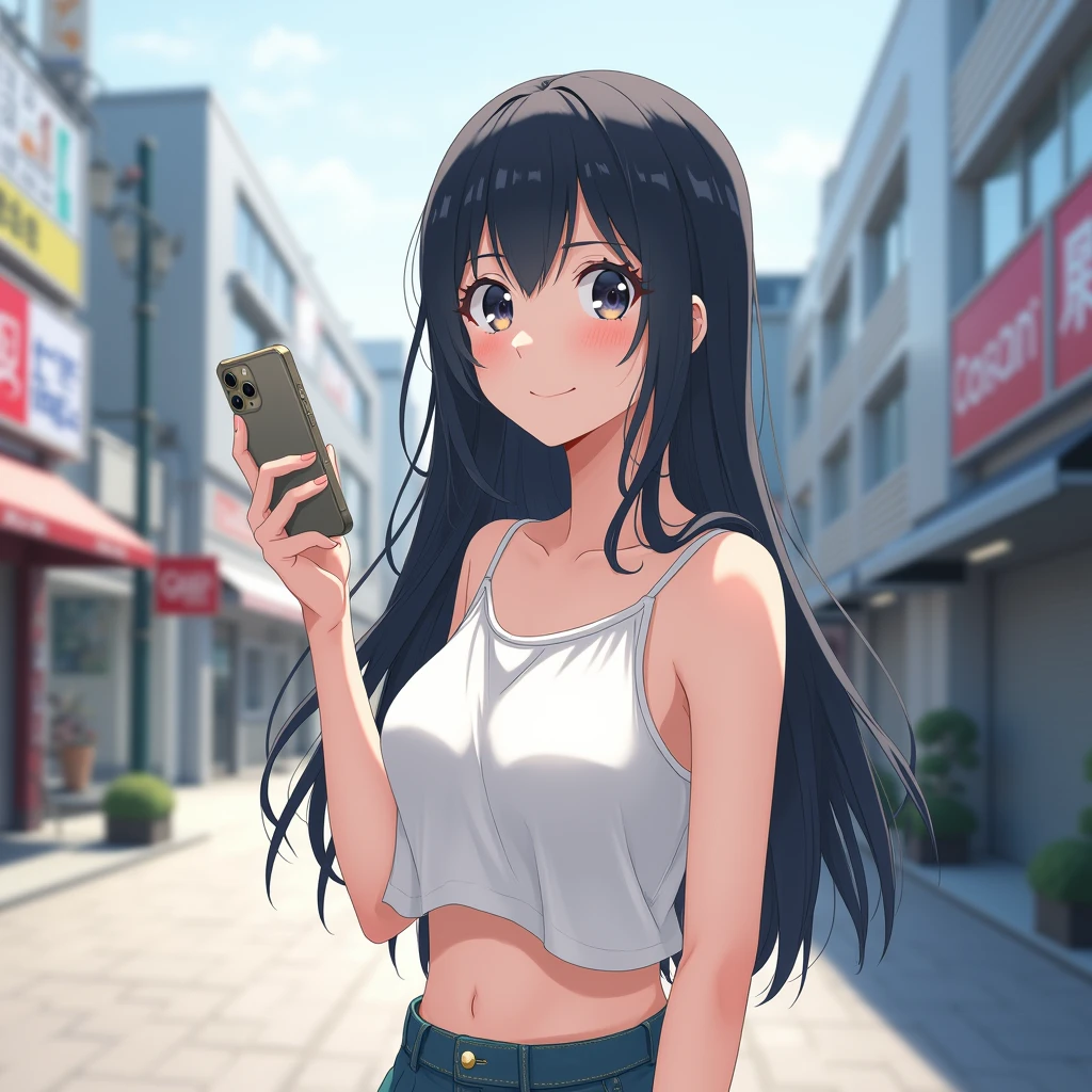 Highest quality, masterpiece, Ultra-high resolution, Very detailed, 1 person, Japanese schoolgirl, Beauty,A face as well-proportioned as a Japanese idol's, Black Hair, Long Hair, White tank top, mini skirt, Slender body, Large Breasts, A town like Shibuya in Japan, summer, sunny, Look at the iPhone in your hand, Upper Body, Correct Size, Five Fingers,