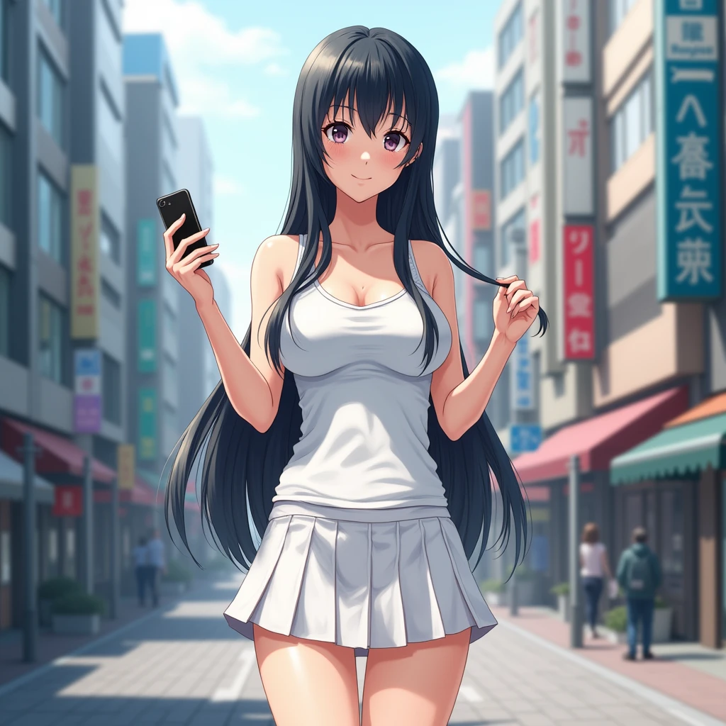 Highest quality, masterpiece, Ultra-high resolution, Very detailed, 1 person, Japanese girl, Beauty,A face as well-proportioned as a Japanese idol's, Black Hair, Long Hair, White tank top,　mini skirt,　Slender body, Large Breasts, A town like Shibuya in Japan, summer, sunny, Look at the iPhone in your hand, Upper Body, Correct Size, Five Fingers,