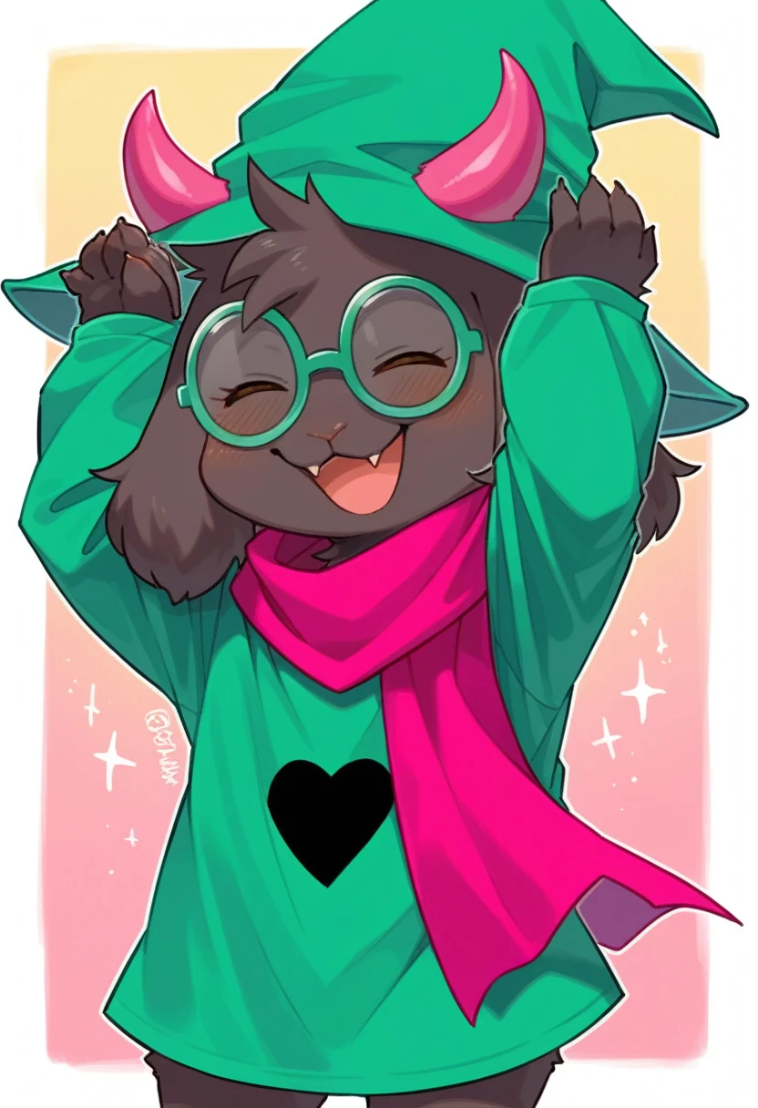  (score_9, score_8_up),furry, fur, face, Ralsei(deltarune), goat, dark fur, pink horns but green because covered by the hat, black sleeves, cute, green glasses, green hat, green shirt, standing, arms up doing the like sign,pink scarf,closed eyes, happy, smug face {{{kame (kamepan44231), no humans, chibi, jitome, fumo (doll)}}}, portrait. 1furry, solo