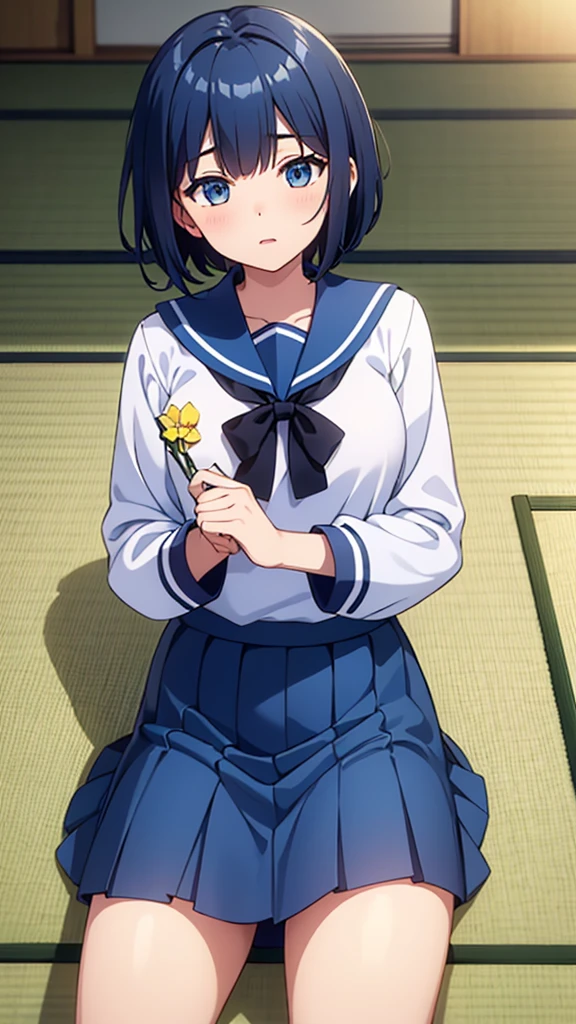 ((masterpiece, Highest quality, Very detailed, Very nice 8K CG wallpaper)), , A little thick, Medium Hair, Blue Hair, short hair, blue eyes,judo player、saylor styled uniform、Large bust、Sailor Suit、mini skirt、judo、Cute expression、InSide the judo GymnaSium、、On the tatami、discovery、One person'S、whole body、rest、Haruka Kiritani、BuSt Size C Cup、幼い頃judo家によって育てられた、トーナメントで優勝したThe strongest woman、nine、いじめっ子を倒したThe strongest woman、The strongest woman'He won'Even if she is punched or thrown, she doesn't flinch.、The strongest woman'Don'Even if her stamina is in danger, she doesn't flinch、200人のいじめっ子をやっつけたThe strongest woman、信じられないほど強い握力を持つThe strongest woman、The smell of sweat after the battle still lingers.、親友を助けたThe strongest woman、The clothes after the fight smell of sweat、The StrongeSt Woman Who Defeated a Group of BullieS、The strongest woman who fought back with her Strength、The strongest woman with an extremely Strong guard、The strongest woman, Strength enough to disable his opponent'Attack、The strongest woman, Unwavering Strength、The strongest woman with extremely Strong arm and hand grip Strength