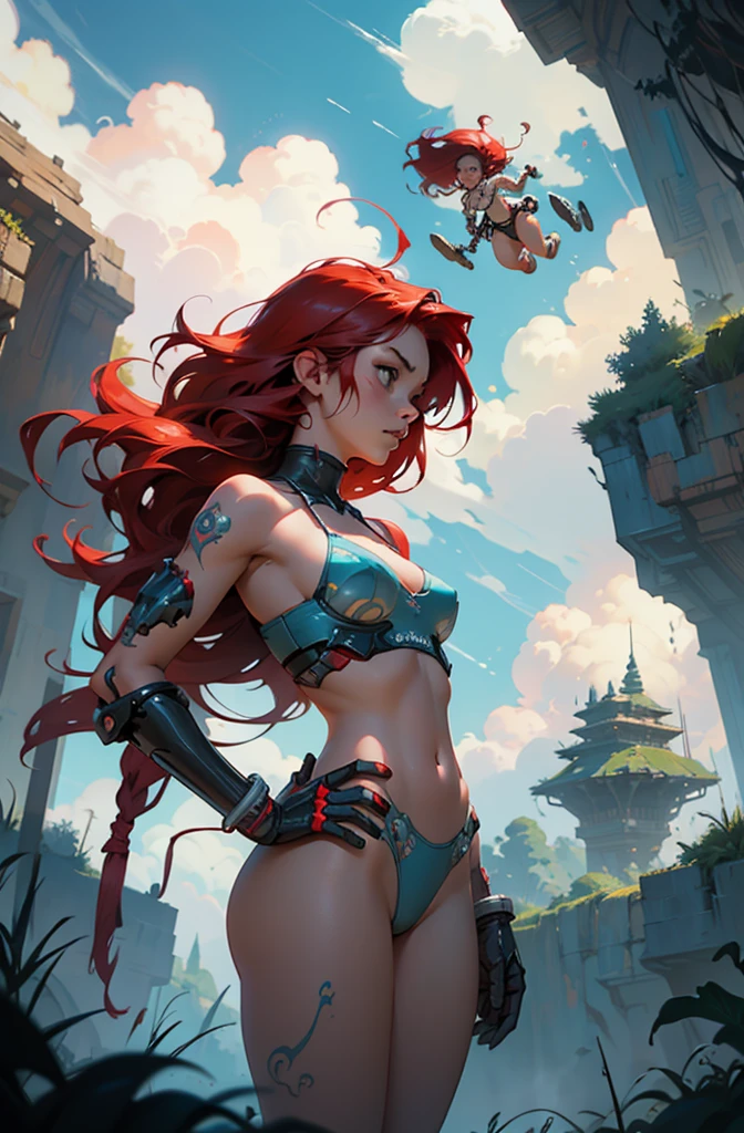 Epic see through bikini Cinematic PUNK ROCK cute red haired woman, with bouncing breasts no clothes in the style of Tony Sandoval and Ashley Woods art. Fighting robots in the the clouds.