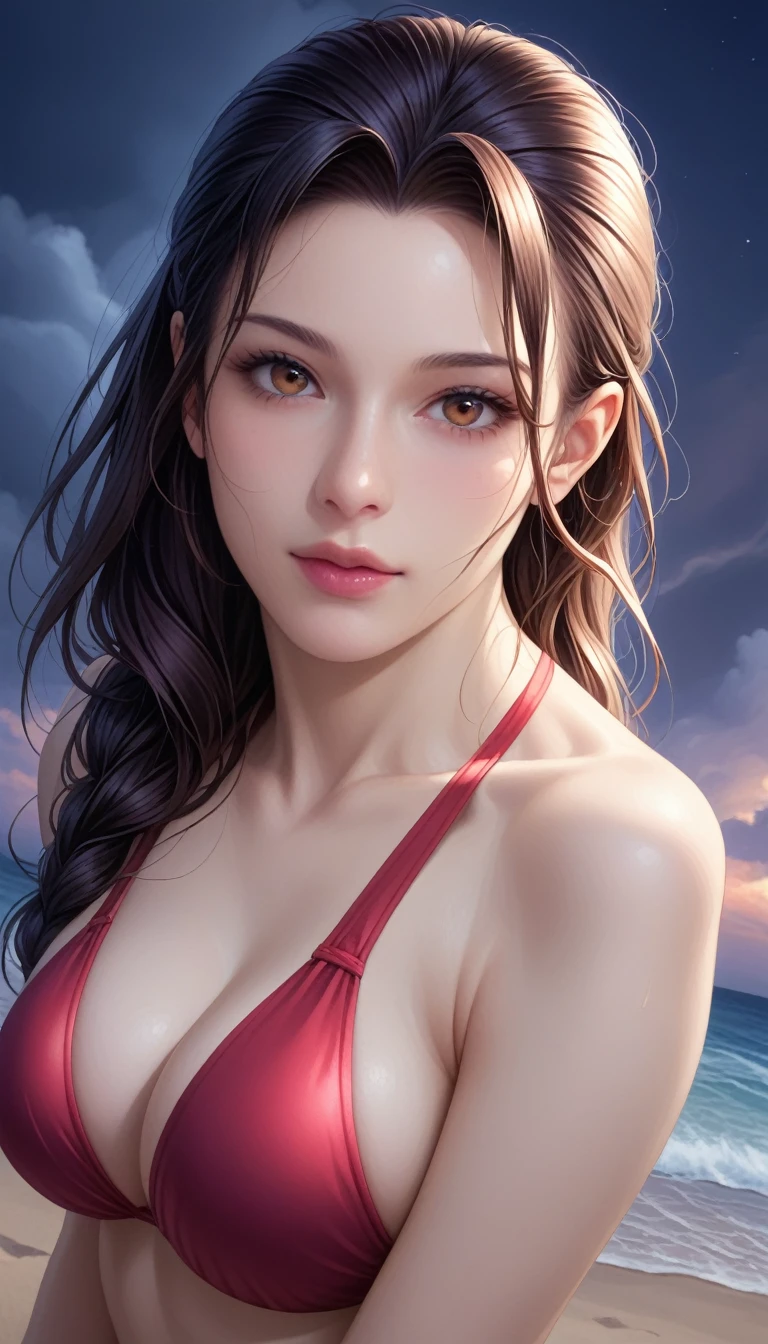 score_9, score_8_superior, score_7_superior, High-resolution CG illustration,A masterpiece in 32K resolution,Highest quality,it is really amazing,Very detailed,Ultra-high resolution,Ultra-realistic,Realistic,Increased depth of field,Cinematic lighting,
Sexy mature Japan woman,
Straight long hair with black hair,Ultra-detailed and beautiful face,Calm and gentle look,Beautiful brown eyes,Translucent white skin,Realistic skin texture,Great proportions,
Elegant red swimsuit,
Simple design,Chic color scheme based on red,Detailed fabric texture,
(Dark overcast sky on a dull night:1.1),(Dark clouds filling the sky:1.1),Thundercloud,Coastline at night,Stormy seas,delay々A desolate sandy beach that continues,
Kneeling on the sand,High angle,