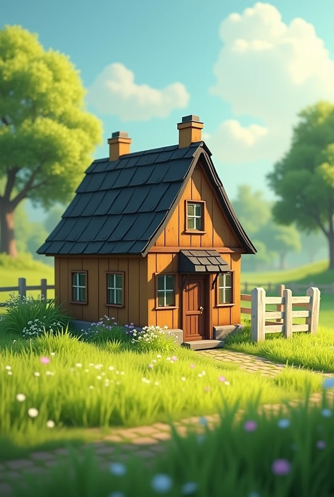 Small brown country house with black roof, in a field with green grass, and near white wood