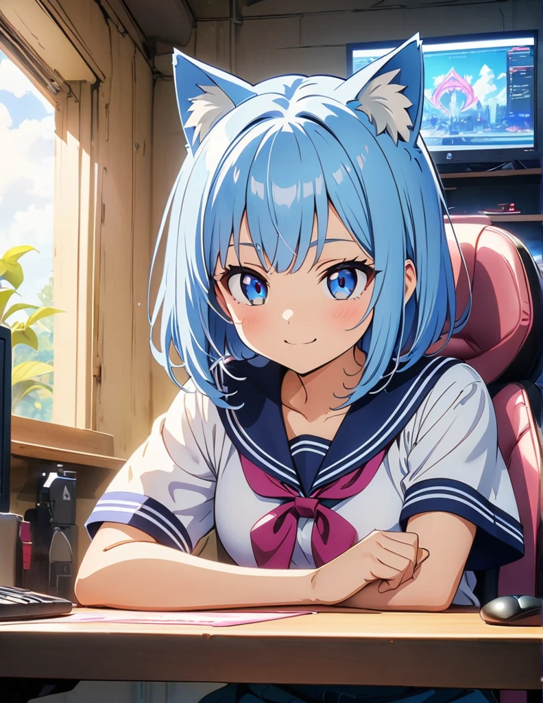 (anime artwork, anime style, studio anime, very detailed, up to date, vibrant, Anime Coloring, high contrast, masterpiece:1.2, best quality, best aesthetics),(774inc official style:1.5),(souya ichika:1.5) 1 girl,Blue hair,short Mullet hair,shaggy cut,Best quality,light smile,{{gaming pc}},{{pink gaming chair}}girly room,(cat ear:1.5), perfect anatomy,blue eyes, computer work