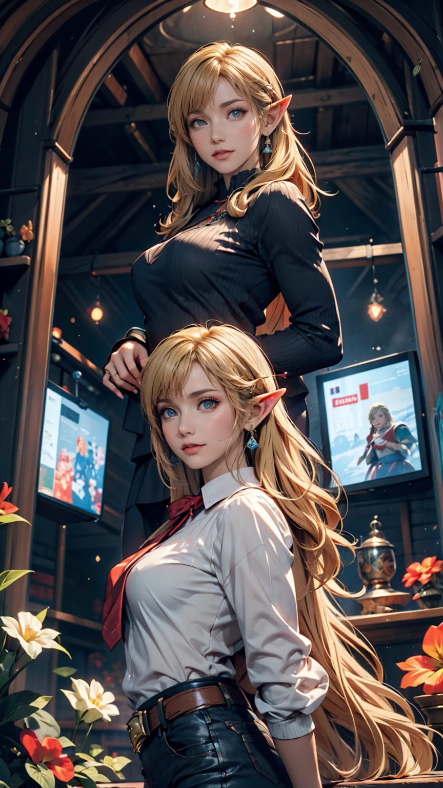 Princess Zelda, One person, Artist Request, belt, Blonde, blue shirt, Book, boots, smile、whole body, Green Eyes, High resolution, View your viewers, magic, Nintendo, pants, Pointed Ears, shirt, short hair, Simple Background, alone, The Legend of Zelda, The Legend of Zelda: Tears of the Kingdom, The Legend of Zelda: Tears of the Kingdom, Flowers made of light, magic