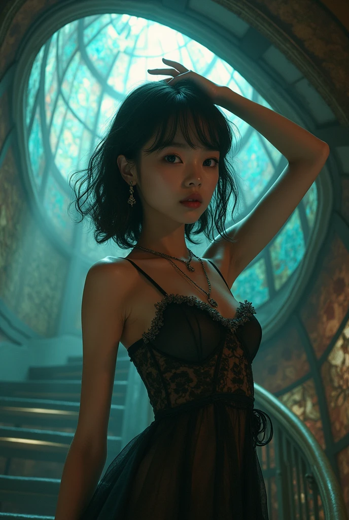 Masterpiece 32K RAW photo with best quality, ultra-detailed and insanely intricate. A dynamic angle captures a mysterious scene with spiral theme, featuring an 18-year-old beautiful Japanese girl with fair skin, kawaii features. She has brown, big eyes, casual wavy medium hair, detailed skin, and wears a detailed dress with intricate fabric, a necklace, and earrings. She looks back with her arm up, standing near a spiral staircase surrounded by walls made of stained glass.