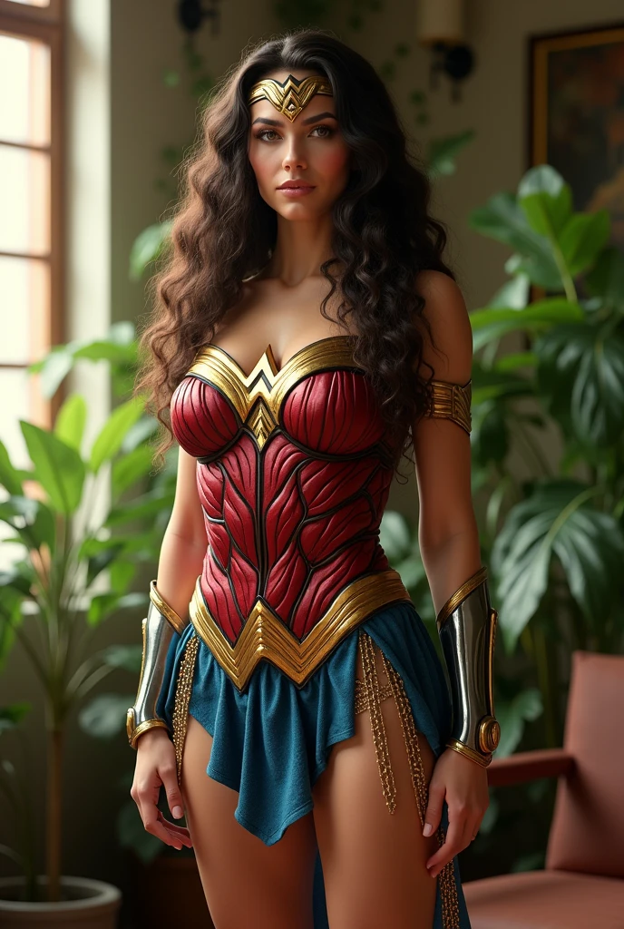 (photorealism:1.2), beautiful wonder woman wearing unique costume , long curly hair, indoors, soft lighting, plants in background, sunlight, relaxed pose, realistic, intricate details, warm colors, by Greg Rutkowski, by Alphonse Mucha