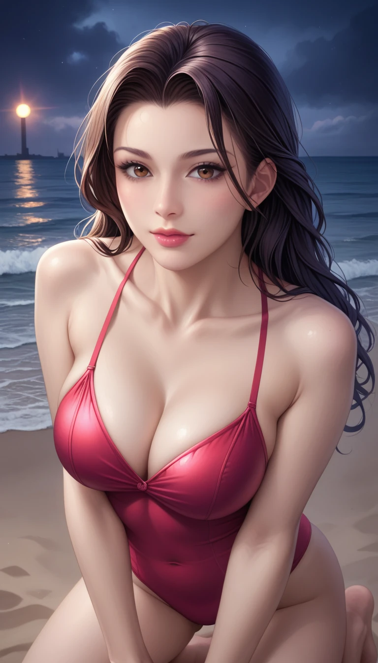 score_9, score_8_superior, score_7_superior, High-resolution CG illustration,A masterpiece in 32K resolution,Highest quality,it is really amazing,Very detailed,Ultra-high resolution,Ultra-realistic,Realistic,Increased depth of field,Cinematic lighting,
Sexy mature Japan woman,
Straight long hair with black hair,Ultra-detailed and beautiful face,Calm and gentle look,Beautiful brown eyes,Translucent white skin,Realistic skin texture,Great proportions,
Elegant red swimsuit,
Simple design,Chic color scheme based on red,Detailed fabric texture,
(Dark overcast sky on a dull night:1.1),(Dark clouds filling the sky:1.1),Thundercloud,Coastline at night,Stormy seas,delay々A desolate sandy beach that continues,
Kneeling on the sand,High angle,