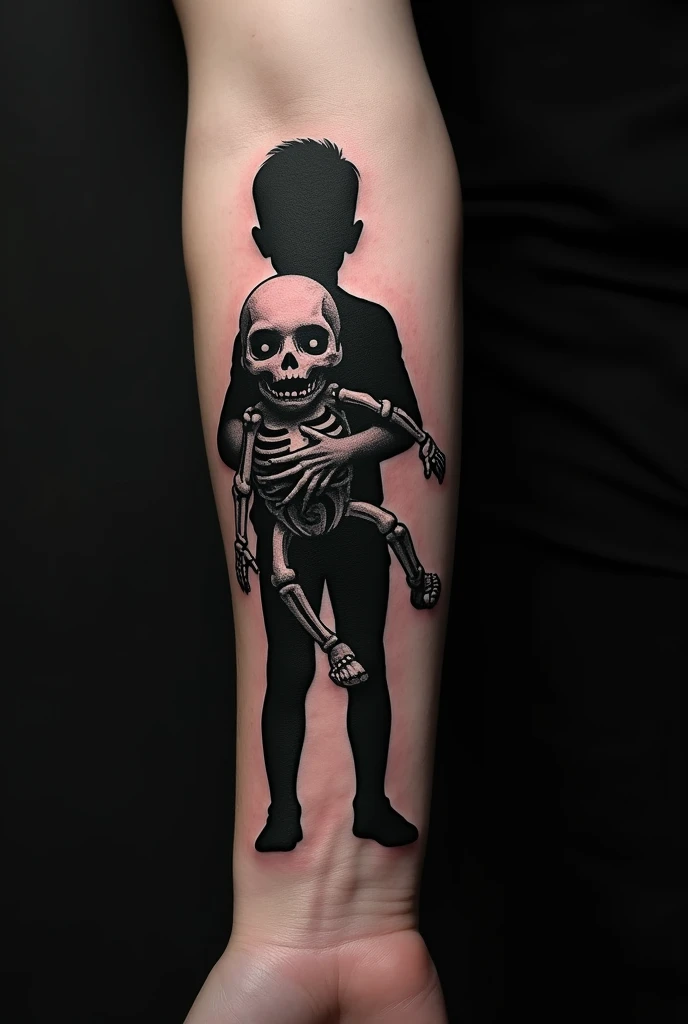 Men&#39;s forearm tattoo silhouette of a  carrying a half-skeletal demonic doll 
 