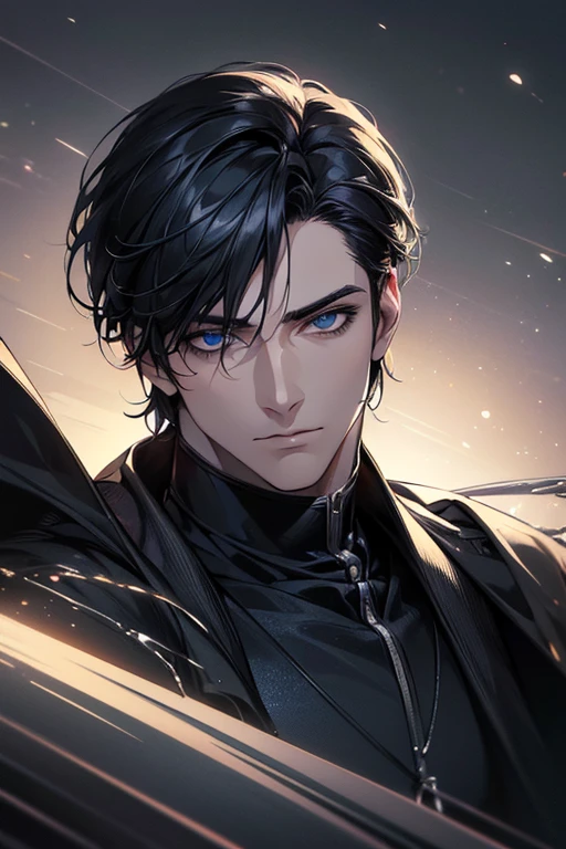 (best quality digital art digital illustration 4k high resolution beautiful image hyper-detailed image perfect lines soft lighting night environment smooth zoom perfect face) (1:1 photorealistic) (neutral colors hdr 1.4) an adult 35 year old man (thoughtful expression) very beautiful eyes deep blue medium black hair modern clothes black (dark background)