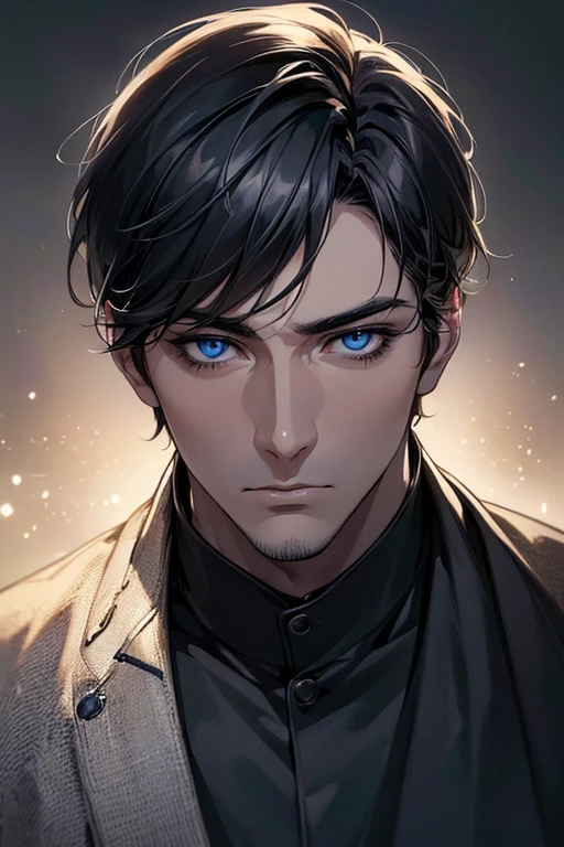 (best quality digital art digital illustration 4k high resolution beautiful image hyper-detailed image perfect lines soft lighting night environment smooth zoom perfect face) (1:1 photorealistic) (neutral colors hdr 1.4) an adult 35 year old man (thoughtful expression) very beautiful eyes deep blue medium black hair modern clothes black (dark background)