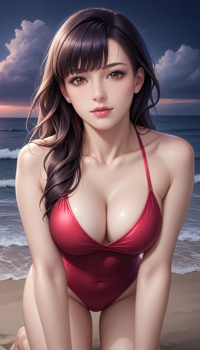 score_9, score_8_superior, score_7_superior, High-resolution CG illustration,A masterpiece in 32K resolution,Highest quality,it is really amazing,Very detailed,Ultra-high resolution,Ultra-realistic,Realistic,Increased depth of field,Cinematic lighting,
Sexy mature Japan woman,
Straight long hair with black hair,Ultra-detailed and beautiful face,Calm and gentle look,Beautiful brown eyes,Translucent white skin,Realistic skin texture,Great proportions,
Elegant red swimsuit,
Simple design,Chic color scheme based on red,Detailed fabric texture,
(Dark overcast sky on a dull night:1.1),(Dark clouds filling the sky:1.1),Thundercloud,Coastline at night,Stormy seas,delay々A desolate sandy beach that continues,
Kneeling on the sand,High angle,