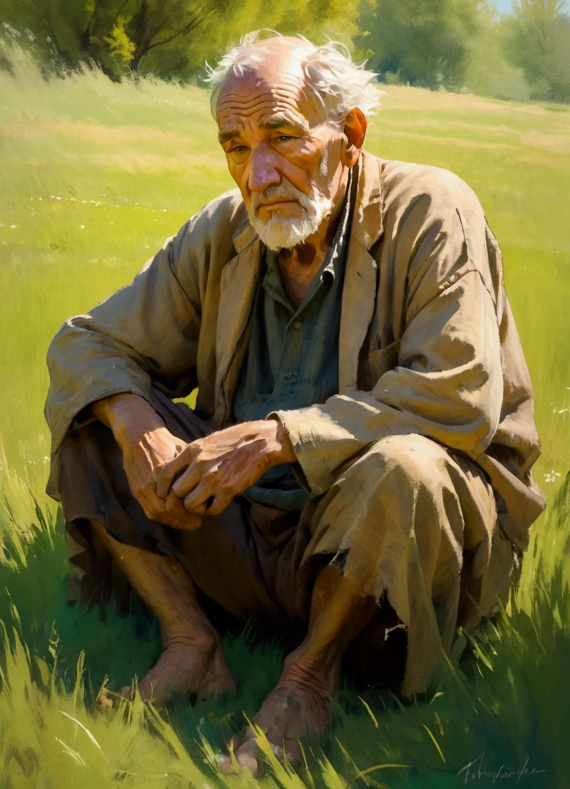 a old tattered shepherd sit down the grass, impressionist painting style, detailed wrinkles, lush green grass, warm sunlight, soft focus, vibrant colors, loose brushstrokes, textured canvas, high detail, masterpiece