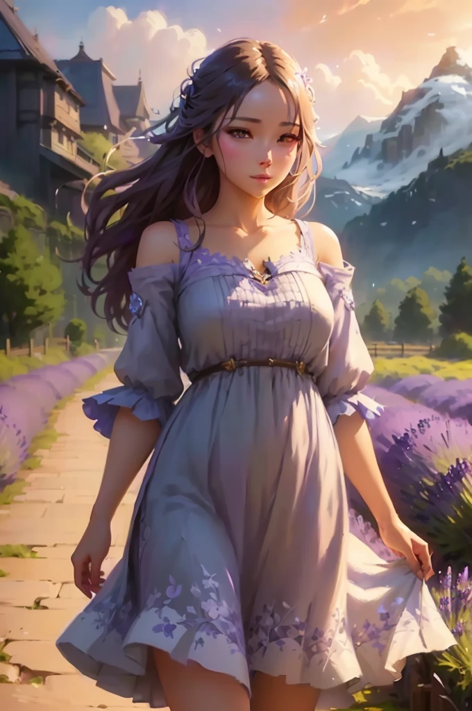 Cowboy Shot,beautiful and detailed illustration,pop art,masterpiece,best quality,ultra-detailed,soft lighting,<lora:add_detail:0.3>,1girl,purple eyes,long white dress,sleeveless,elbow gloves,purple scarf,belt,upper body,field,church exterior,outdoors,sky,smile,smug,looking at viewer,head tilt,<lora:GoodHands-vanilla:1>,
