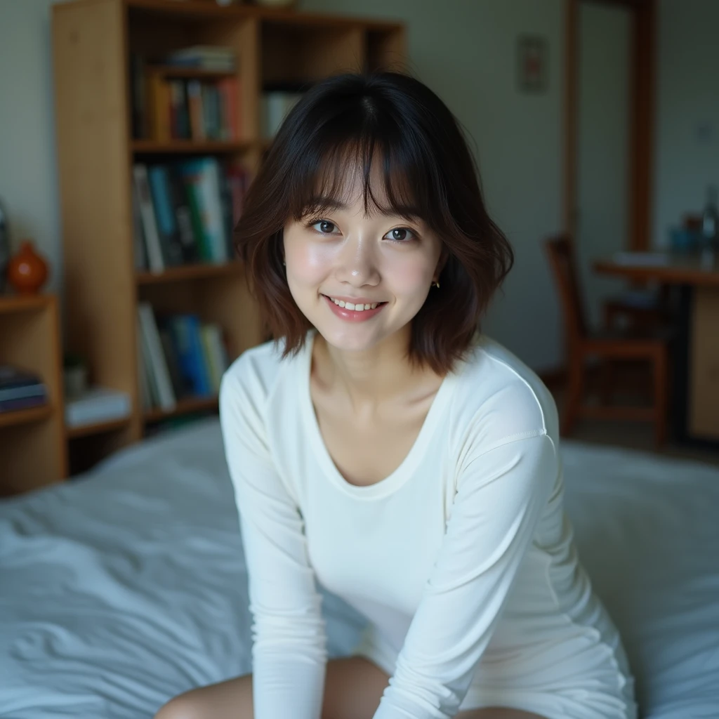 Medium hair woman、The hair is straight and dark brown.、Gentle expression looking straight at the camera、Sitting on the bed、Leaning slightly forward towards the camera、a thin white long-sleeved T-shirt、a tight fit is emphasized、indoor、Behind her is a bookshelf、table、I can see the door、part of a living space、indoorの明るい照明で、a slightly cool tone of light、a quiet and private space、Calm atmosphere、Short bangs、Young Japanese、round face、Chubby body type、Bust is emphasized