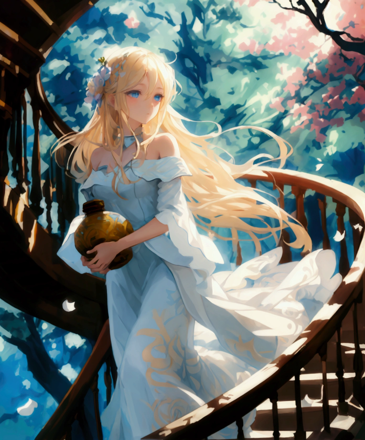 Beautiful girl with long blond hair, blue eyes, white flowing dress, holding a ceramic water bottle, walking down the spiral staircase, surrounded by trees and flowers, bright colors, anime style, illustration