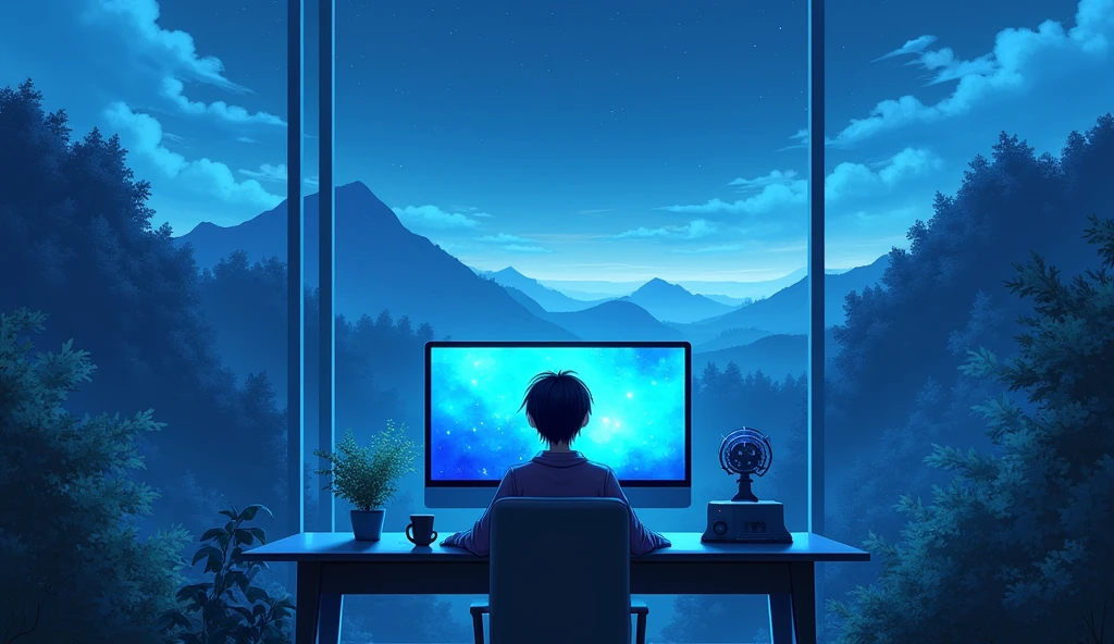 natta, computer desk, cup of coffee, stylish modern computer, illuminated screen, cold blue light, wall-paper, highy detailed, Anime Landscape