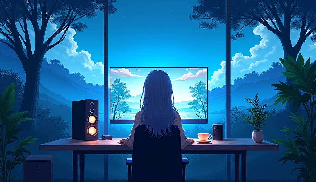 natta, computer desk, cup of coffee, stylish modern computer, illuminated screen, cold blue light, wall-paper, highy detailed, Anime Landscape