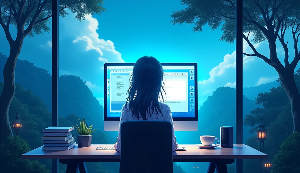 natta, computer desk, cup of coffee, stylish modern computer, illuminated screen, cold blue light, wall-paper, highy detailed, Anime Landscape