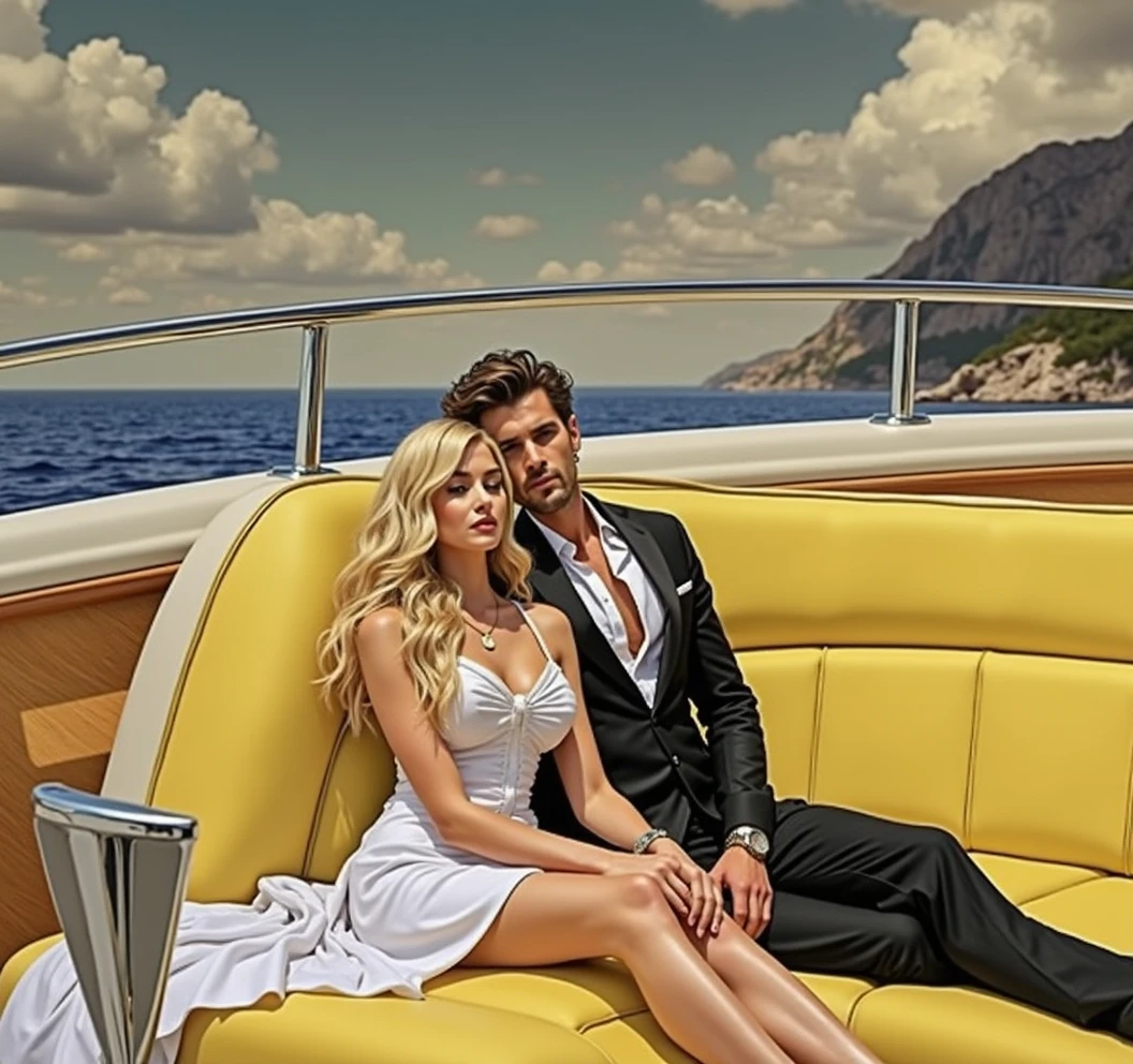 A rich Italian man in his 30s, on a yacht with a Serbian blonde supermodel with long bleached blonde hair, ultra realistic, (best quality,4k,8k,highres,masterpiece:1.2),ultra-detailed,(realistic,photorealistic,photo-realistic:1.37),extremely detailed eyes and face,longeyelashes,dramatic lighting,dramatic shadows,dramatic poses,dramatic expressions,dramatic colors,dramatic atmosphere,luxury yacht interior,expensive clothing,luxury accessories,expensive jewelry,crystal clear water,cloudy sky,golden hour lighting