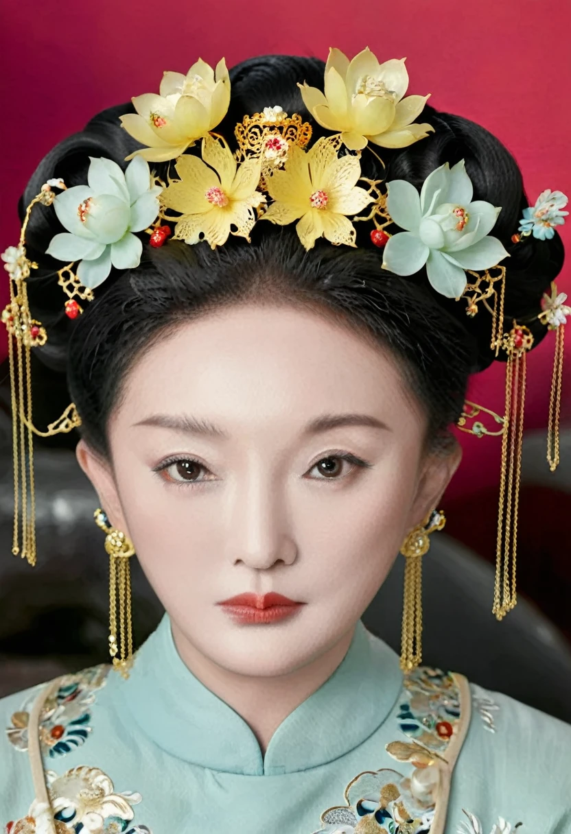 I am only a translate agent,  Empress of the Qing Dynasty, Wearing a large crown, She is completely , Showing off gorgeous large flowers and hairpins, She tied her hair up and pulled it up, 背景はEmpress of the Qing Dynastyの豪華な宮殿.