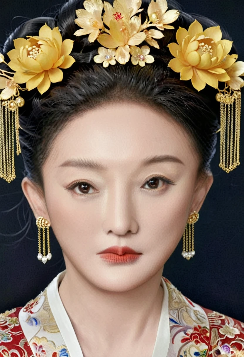 I am only a translate agent, Empress of the Qing Dynasty, Wearing a large crown, She is completely naked, Showing off gorgeous large flowers and hairpins, She tied her hair up and pulled it up, 背景はEmpress of the Qing Dynastyの豪華な宮殿.