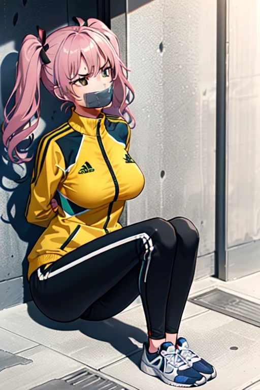 ((1 girl)), ((twin tails)), (sexy),  ((simple_background)), ((concrete floor, concrete wall)), ((underground room)), ((arms behind back)), ((scowl)), ((sitting on the knees)), ((tape gag)),  ((helpless)), ((calm)), ((struggling)), (blue tracksuit,tracksuit,tights pants, long black pants)