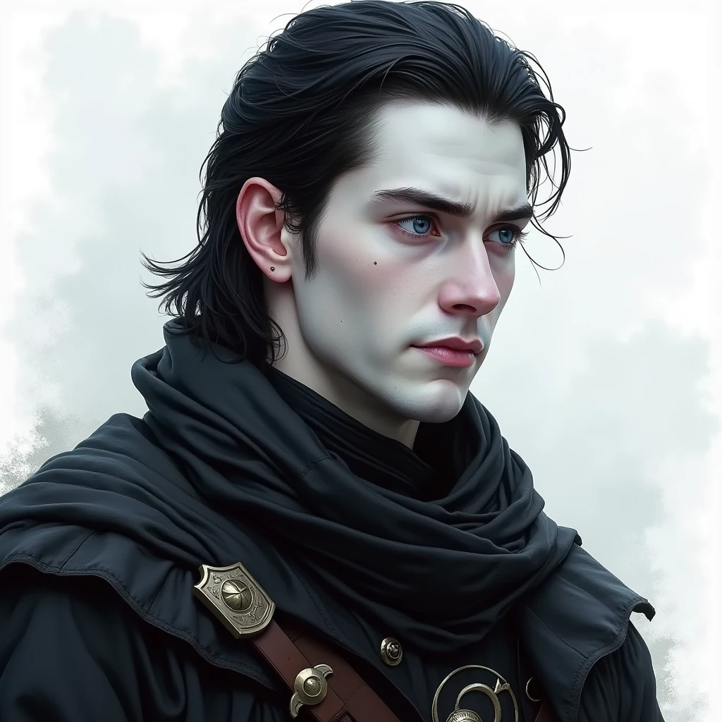 Make a VERY REALISTIC fantasy style drawing of an 18 year old man, white-pale skin, slicked black hair, azure eyes and black war clothes 