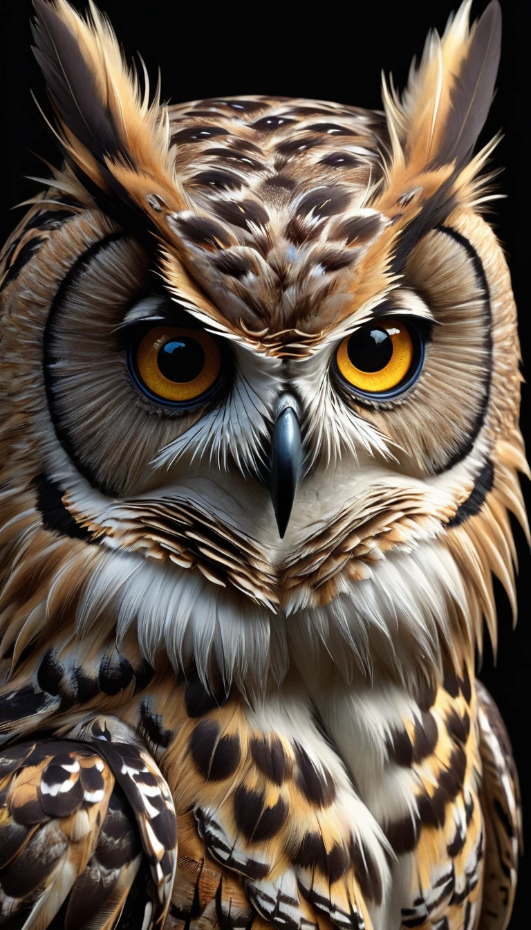 a bizarre creature with a human head with four eyes and an owl's body, hyper realistic, highly detailed, complex patterns, realistic lighting, (best quality,4k,8k,highres,masterpiece:1.2),ultra-detailed,(realistic,photorealistic,photo-realistic:1.37)