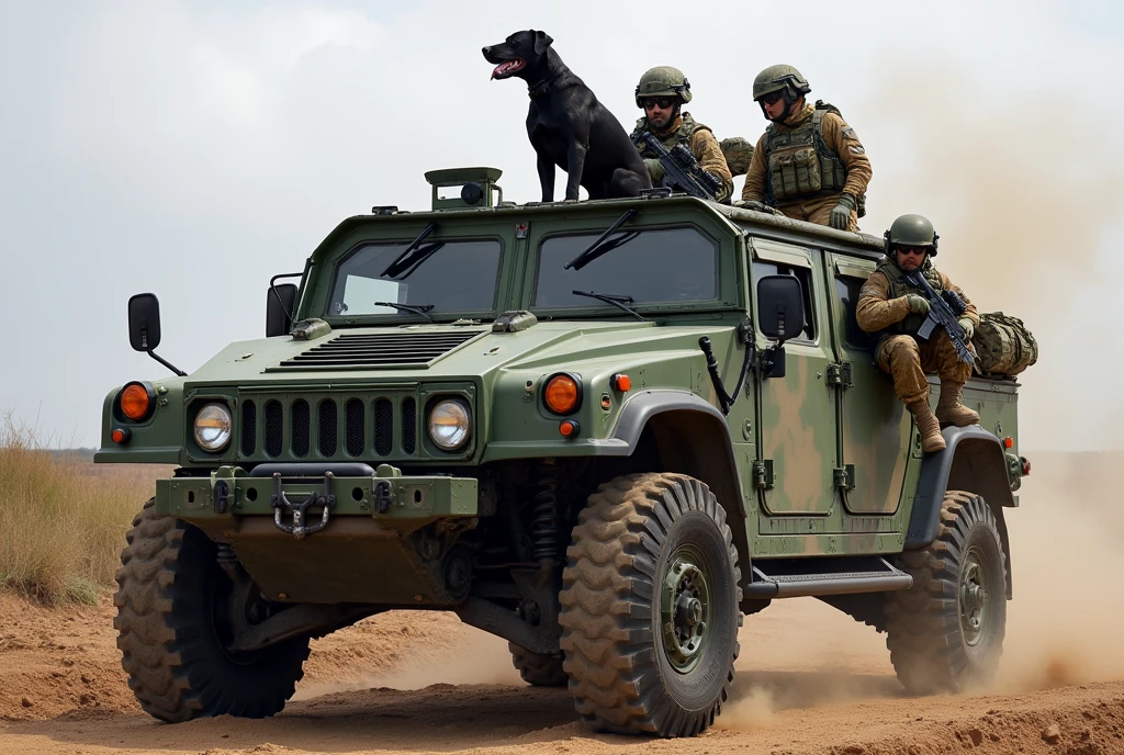 a heavily armed military vehicle with soldiers, a dog in the back, military personnel, military equipment, high quality photo, military vehicles, heavily armed, US military, French special forces, military gear, multicam, modern military gear, military photography, extremely detailed,