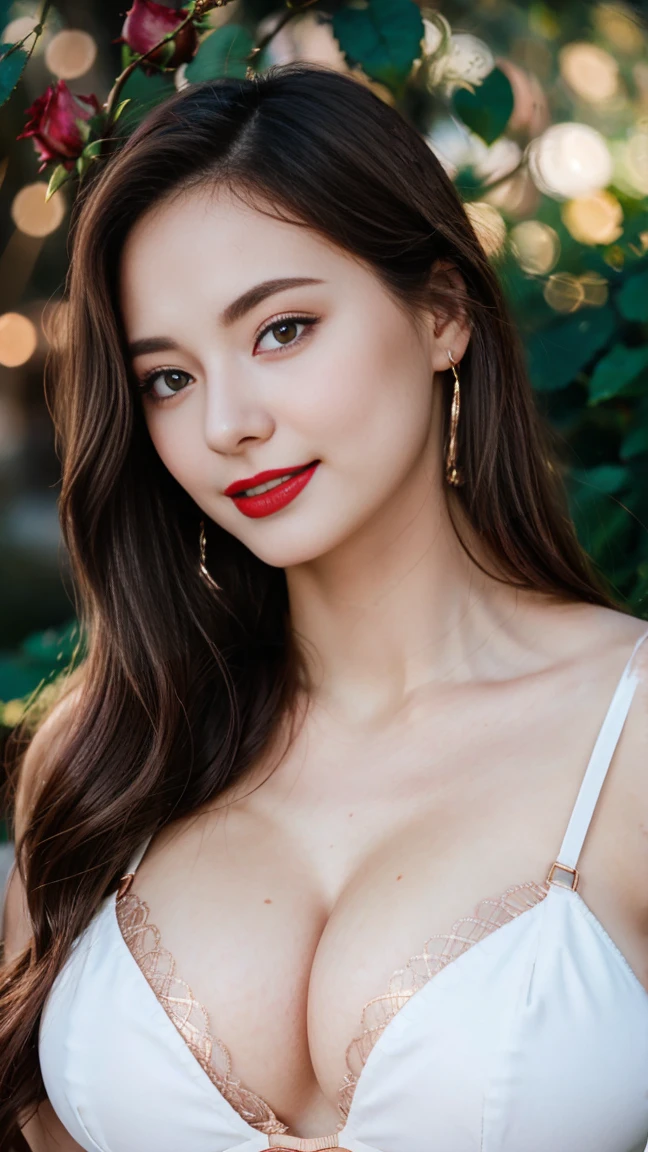 Gorgeus Girl, Beautiful, , 20 Years Old, White Skin, red lipstick, sensual Lipstick, Colossal Breasts, Movie Lighting, Futuristic, ((Cleavage)), Green-Gold Classy Lace G-string, Rose Eye, Muscles, Bokeh, Masterpiece, Medium Bob, Rose-Gold Hair, Lying Among the Rubble of Leaves, Smile