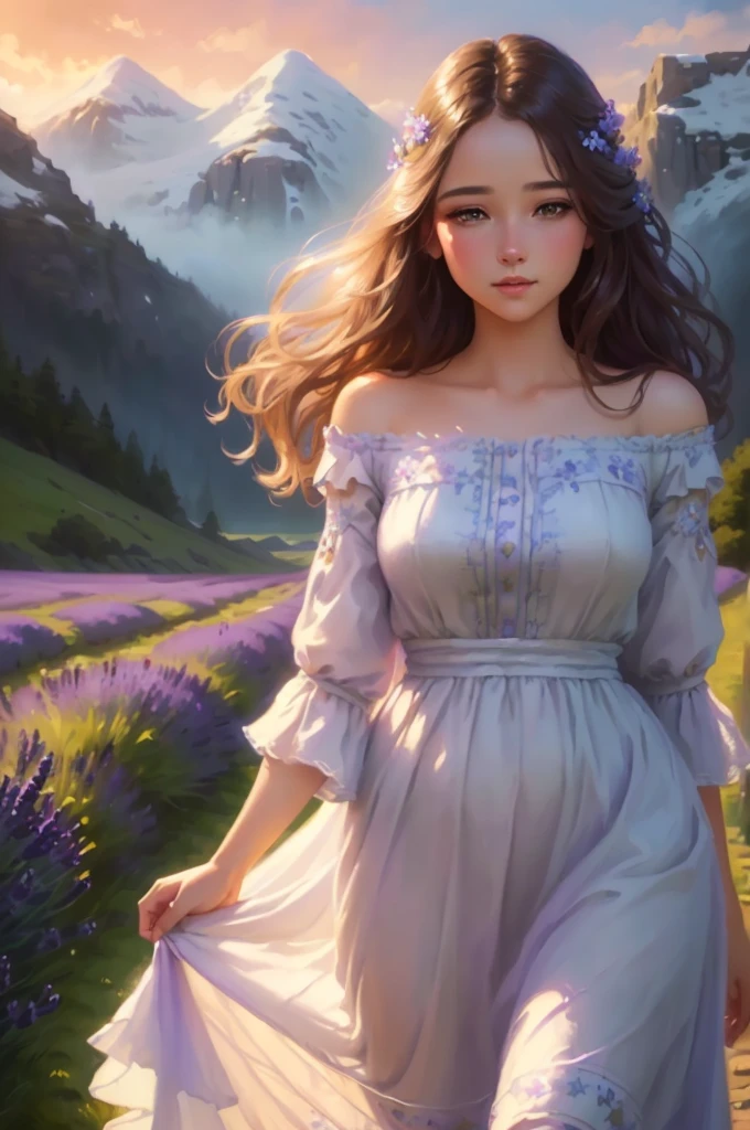 a woman in a dress walking through a lavender field, fantasy art style, beautiful maiden, beautiful fantasy art, High quality 8k detailed artwork, beautiful character painting, realistic fantasy painting, realistic fantasy art, beautiful digital art, hyperrealistic fantasy art, cute digital painting, cute digital painting, realistic painting of beautiful girl, highly detailed digital art in 4k
