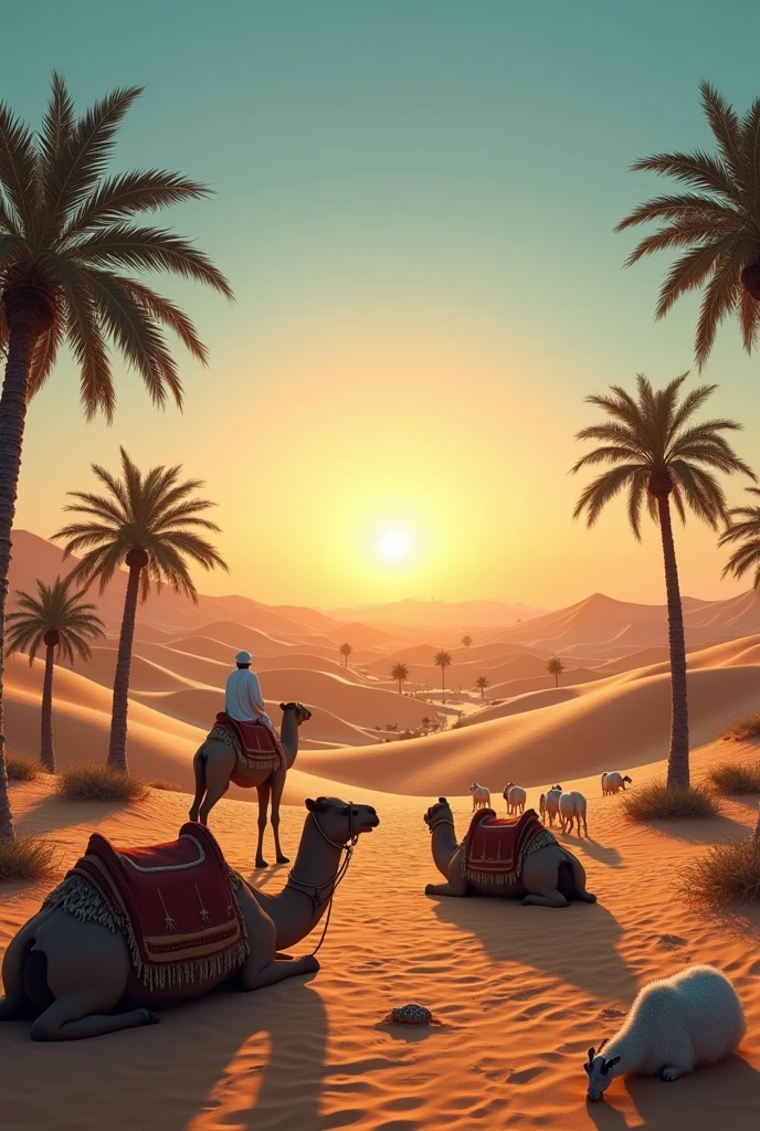 Create a desert scene in ancient Arabia, focusing on a group of camels and livestock, such as goats and sheep. The camels should have traditional saddles and be resting near a small oasis, with a few palm trees providing shade. The goats and sheep should be grazing nearby on sparse desert vegetation. The background should include sandy dunes and a distant, ancient caravan route leading towards Mecca. The overall color palette should be warm, with golden sands, a blue sky, and the setting sun casting long shadows, giving the scene a peaceful yet historical atmosphere.