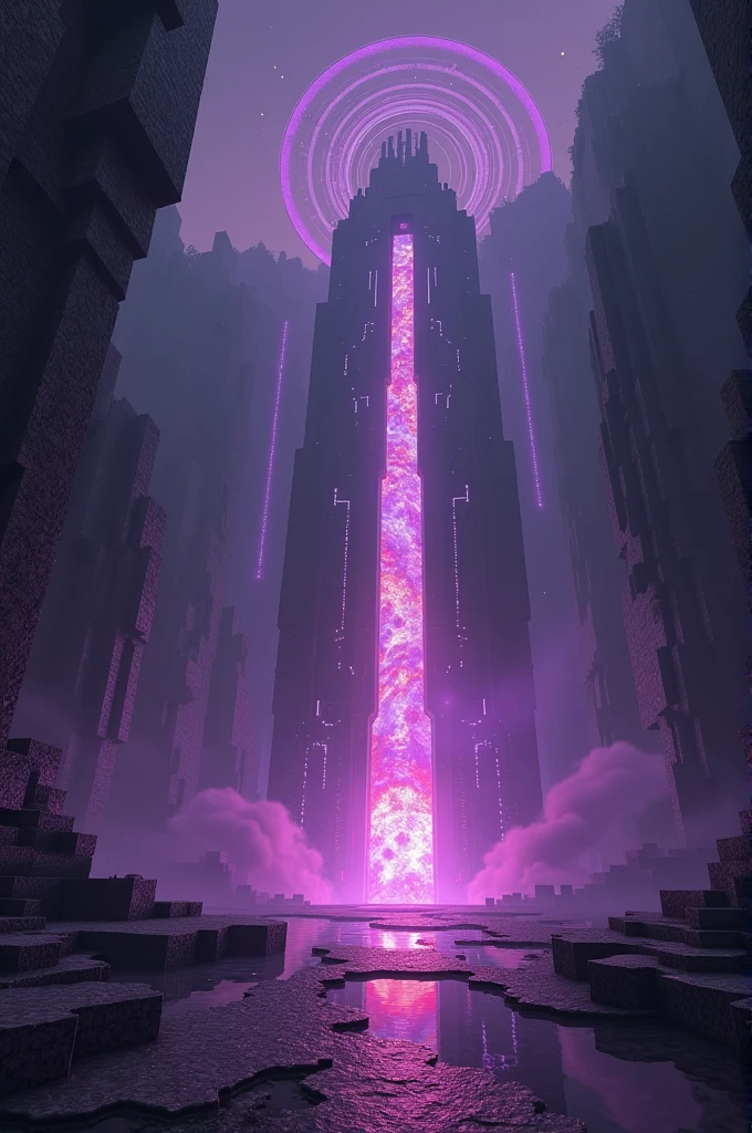 Minecraft end dimension with a nether portal where we can see the nether inside and a portal up sky where we can see the over world