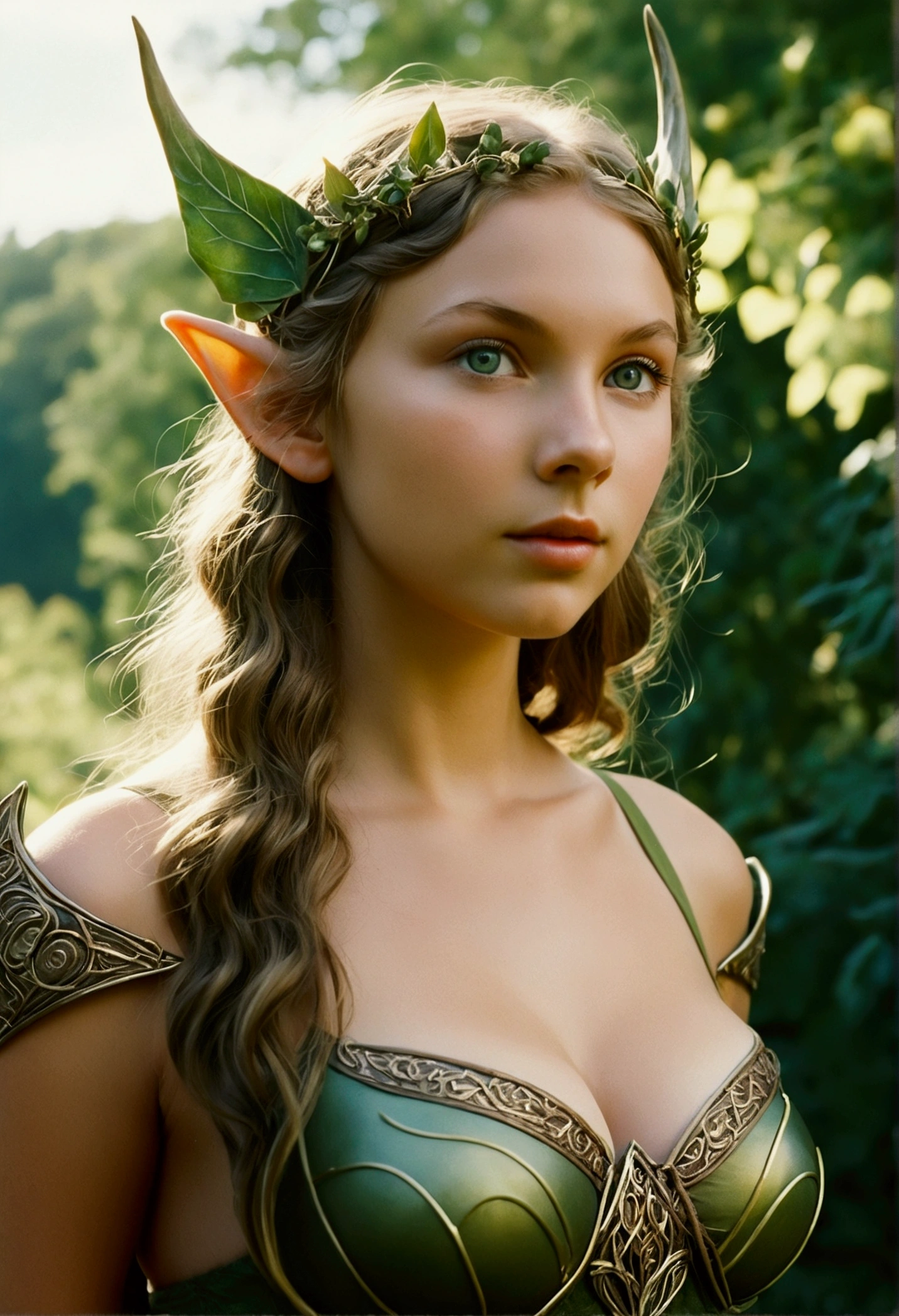 analog film photo, photo of a young elven girl, 18 years old, elf ears, jade eyes, dark, long messy waves, sun-tanned complexion, olive skintone, Amazonian stature, voluptuous hourglass figure, busty bosom, narrow waist, full hips, big plump buttocks, wearing elven lingerie, resembles Taylorr Swift, strolling through a fantasy landscape, RAW Photograph, dslr, soft lighting, high quality, film grain, Fujifilm XT3, detailed skin with visible pores, insane details, masterpiece, 8k, 35mm photograph, dslr, kodachrome, faded film, desaturated, grainy, vintage, Lomography, stained, highly detailed, found footage, close-up shot, elven ears
