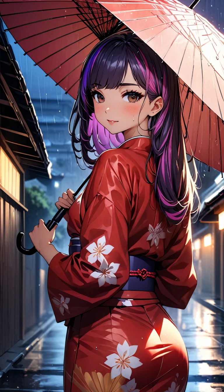 (highest quality:1.2, Very detailed, up to date, Vibrant, Ultra-high resolution, High Contrast, masterpiece:1.2, highest quality, Best aesthetics), Portraiture、girl、((25-years-old:1.5)), (holding up umbrella:1.6), traditional Japanese kimono, long sleeve, red kimono, loose fit, Bright colors、Beautiful fine details、Beautiful lip detail, long hair、black and purple ((streaked hair:1.6)), highlights hair: 1.5, brown eyes, ((slim body:1.4)), (small breast:0.7), (dark skin:0.5), rainy day, rain night, street in Kyoto, wet street, looking back, (cowboy shot),