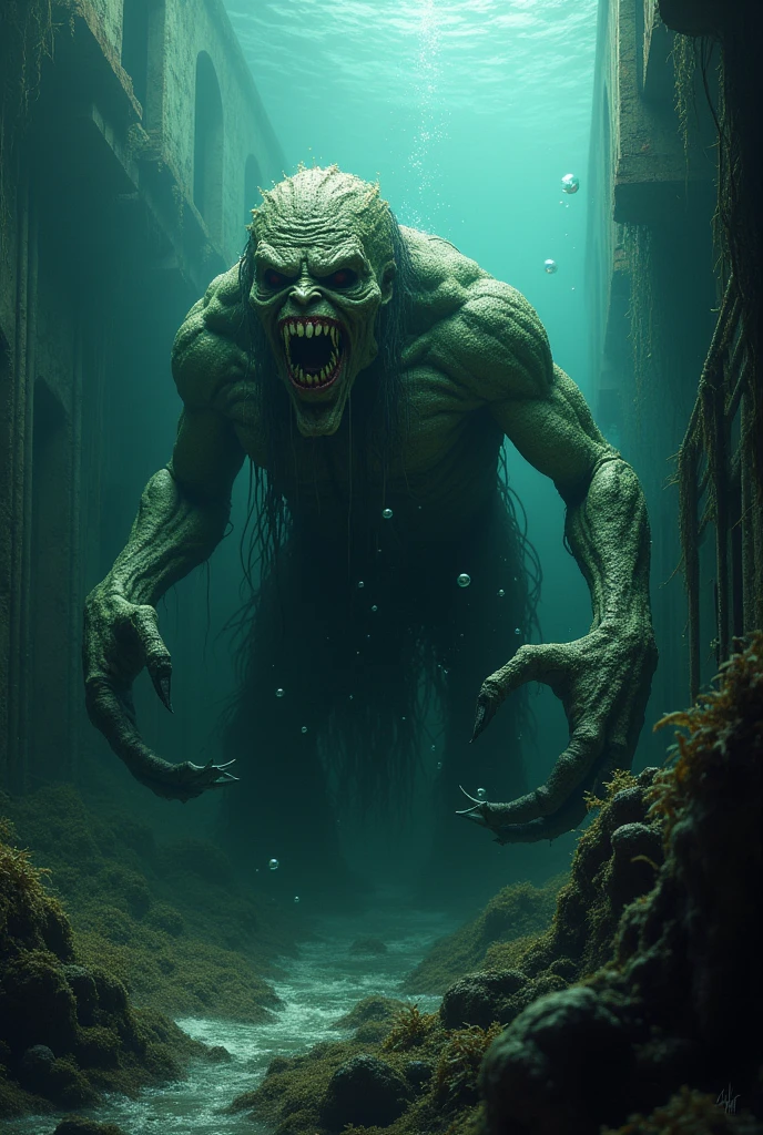 A terrifying deep-sea scene featuring a sunken, monstrous statue of an ancient deity. The statue has a grotesque, twisted face with sharp, cracked teeth, and is covered in thick layers of algae and barnacles. Its large, clawed hands reach out menacingly, partially buried in the ocean floor. Surrounding it are the rusted remains of old, decayed machinery and eerie, tangled seaweed. The murky water is filled with shadows, with faint rays of light barely penetrating the gloom. Small water bubbles rise ominously around the statue, while subtle water effects add to the eerie, suffocating atmosphere.